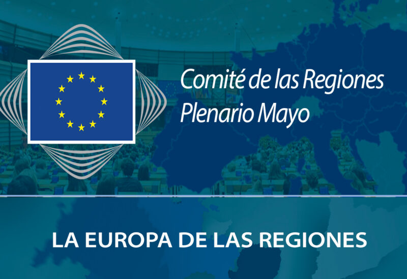 Reuni&oacute;n del Comit&eacute; de las Regiones en mayo con el logo de la UE.