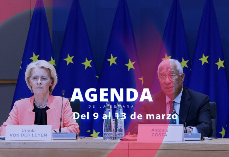 Reunión de líderes europeos con banderas de la UE de fondo