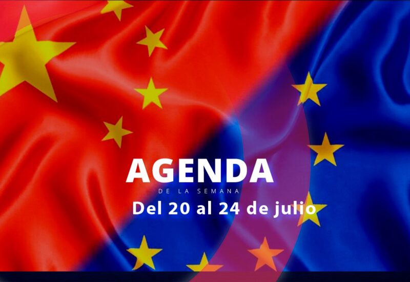 Banderas de China y Europa con texto de agenda semanal